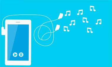 Müzik dinlemek. Kulaklıklar ve notlar ile telefon. Vektör çizim