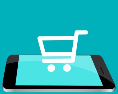 Hareket eden telefon alışveriş online. Alışveriş sepetleri ile telefon. Vektör çizim