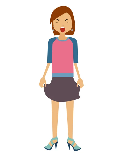 Hysterisch. Een vrouw in een rok en hakken schreeuwt. Vectorillustratie — Stockvector