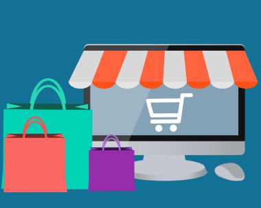 Online mağaza. Bilgisayar sepeti alışveriş ve çanta ile. Vektör çizim