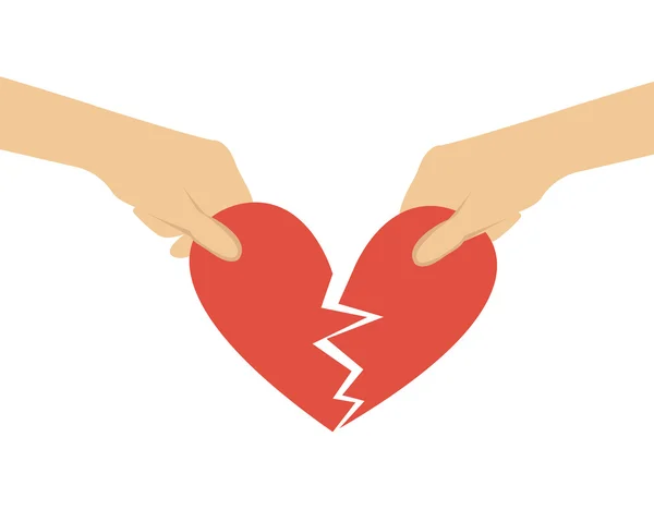 Beziehungen abbrechen. Hände teilten Herz in zwei Hälften. Vektorillustration — Stockvektor