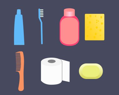 Tuvalet malzemeleri ayarlayın. Diş macunu, şampuan, el bezi, tarak, tuvalet kağıdı, sabun. Vektör çizim