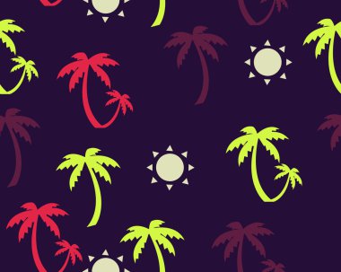 Palmiye ağaçları ve güneş arka plan. Vektör seamless modeli