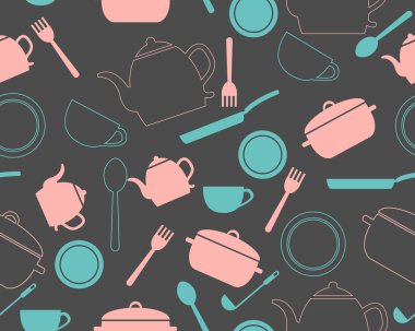 Arka plan ile mutfak eşyaları. Vektör seamless modeli