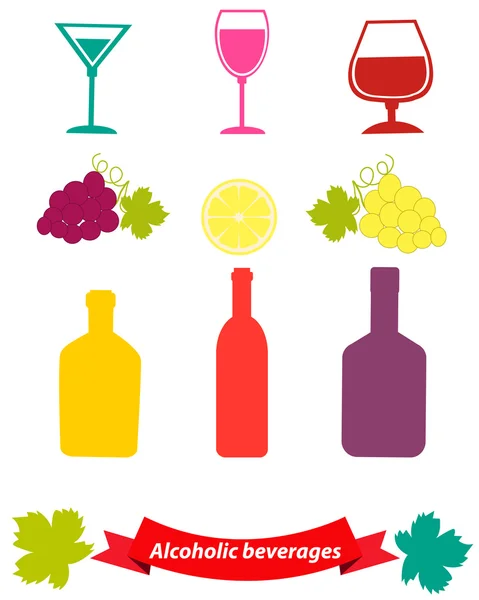 Set of alcoholic beverages with grapes and a glass. Vector illustration — Stock Vector