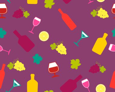 Arka plan alkollü içecekler. Şarap ve üzüm ile parlak arka plan. Vektör seamless modeli