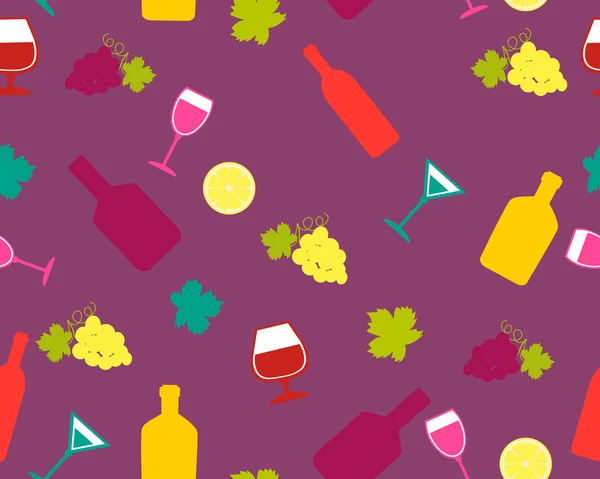 Background alcoholic beverages. Bright background with wine and grapes. Vector seamless pattern — Stock Vector