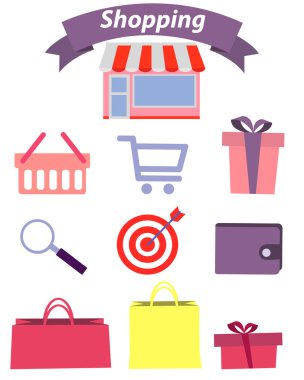 Alışveriş için düz tasarım kavramı simgeler kümesi. Vektör çizim