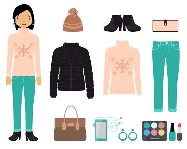 Conjunto de ropa de invierno de las mujeres de moda y accesorios. Ilustración vectorial — Vector de stock