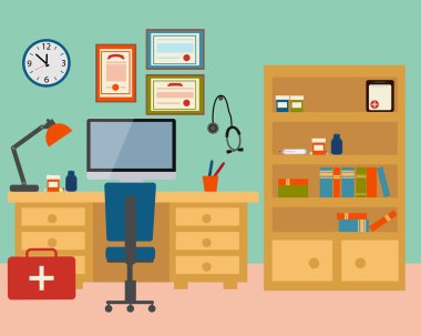 Doktor çalışma alanı. Modern oda bir masa ve bir gardırop. Vektör çizim