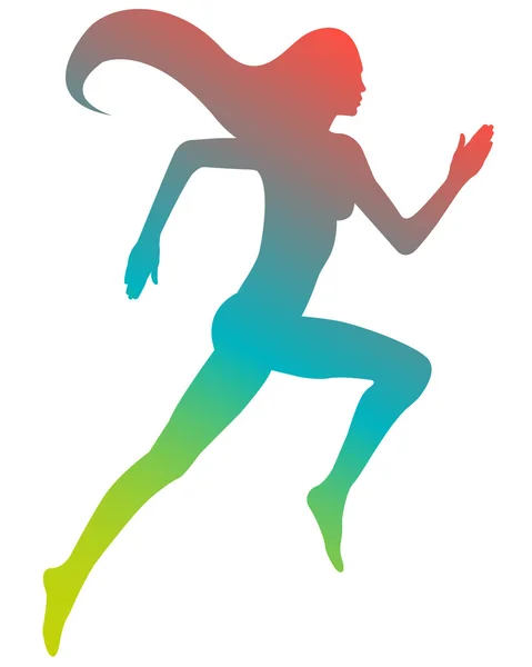 Chica corriendo silueta de color con el pelo largo. Ilustración vectorial — Vector de stock