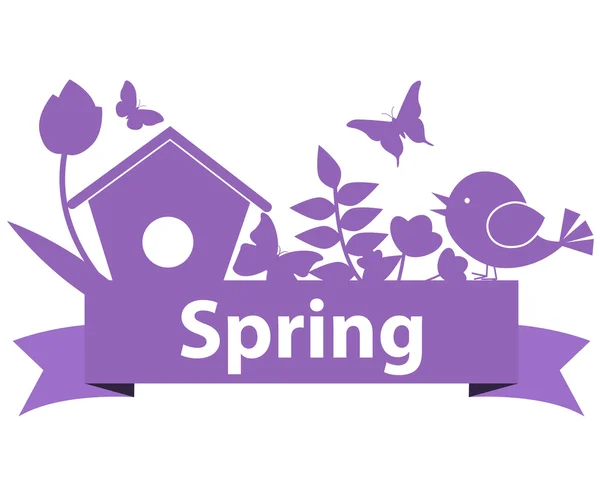 Concepto de primavera. Tarjeta con flores, mariposas y pájaro. Ilustración vectorial — Vector de stock