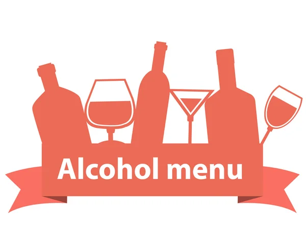 Alcohol menu. Ribbon with bottles and wineglass. Vector illustration — Stock Vector