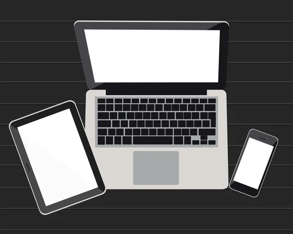 Laptop, Tablet PC- en mobiele telefoon op een achtergrond donker hout. Vectorillustratie — Stockvector