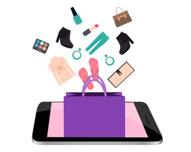Online alışveriş. Telefon paketi, giyim ve aksesuarları ile. Vektör çizim