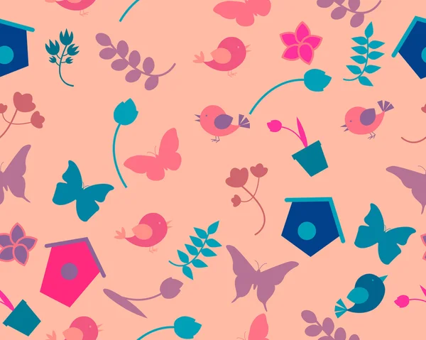 Frühling Hintergrund mit Blumen, Schmetterlingen und Vögeln. Vektor nahtloses Muster — Stockvektor