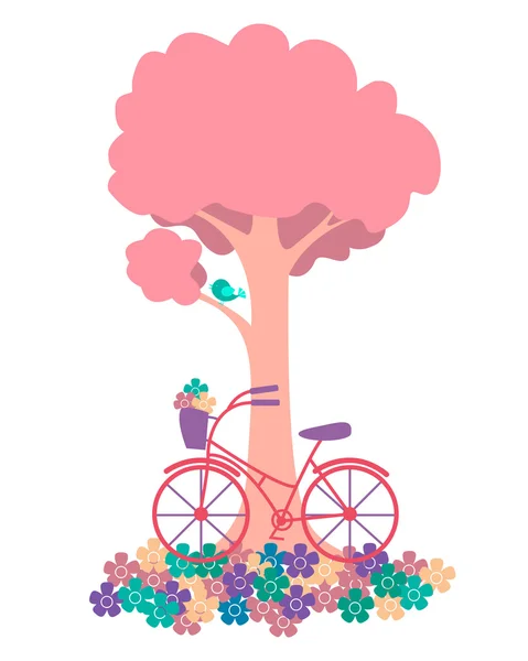 Våren. Träd med blommor och cyklar. Vektor illustration — Stock vektor