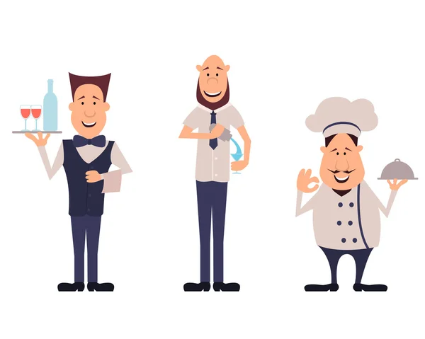 Profissões funcionários café. Preparar barman, chef e garçom. Ilustração vetorial — Vetor de Stock