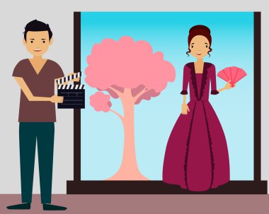 Filme. Genç kadın vintage elbise yeni bir sahne çekmeye hazır. Vektör çizim