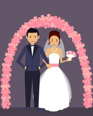 Düğün. Mutlu damat ve gelin beyaz elbiseli. Vektör çizim