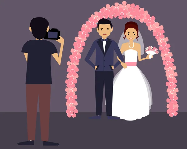 Fotografo di matrimonio. Buon sposo e sposa in abito bianco. Illustrazione vettoriale — Vettoriale Stock