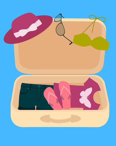 Summer vacation. Suitcase with clothes. Vector illustration