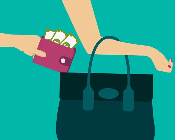 Stealing a purse with money from handbag. Vector illustration — Stock Vector