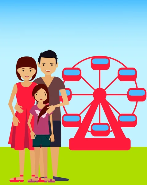Famiglia nel parco divertimenti. Madre, padre e figlia. Illustrazione vettoriale — Vettoriale Stock