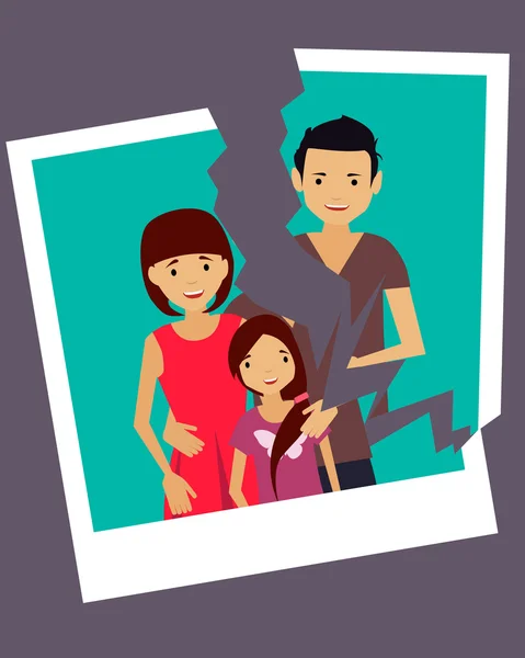 Echtscheiding. Gescheurde foto van een gelukkige familie. Vectorillustratie — Stockvector