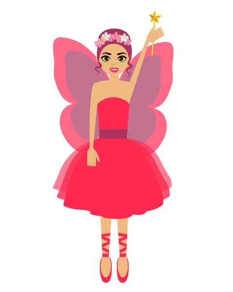 Hada. Chica con alas y una varita mágica. Ilustración vectorial — Vector de stock