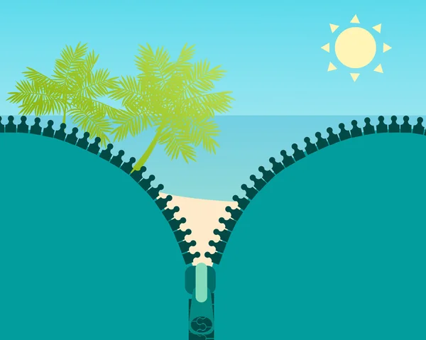 Temporada de playa abierta. Playa de arena tropical. Ilustración vectorial — Vector de stock
