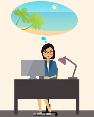 Onu tatil hakkında rüya genç iş kadını. Vektör çizim