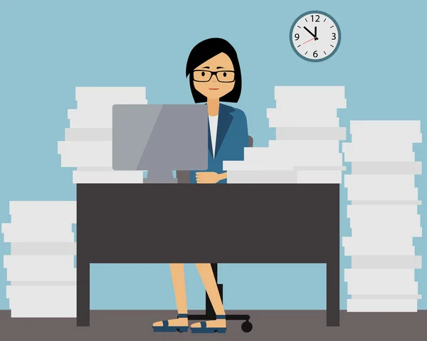 Beaucoup de travail. Femme d'affaires assise à la table avec les documents. Illustration vectorielle — Image vectorielle