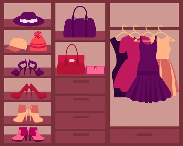 Шкаф с одеждой, обувью и аксессуарами. Векторная иллюстрация — стоковый вектор