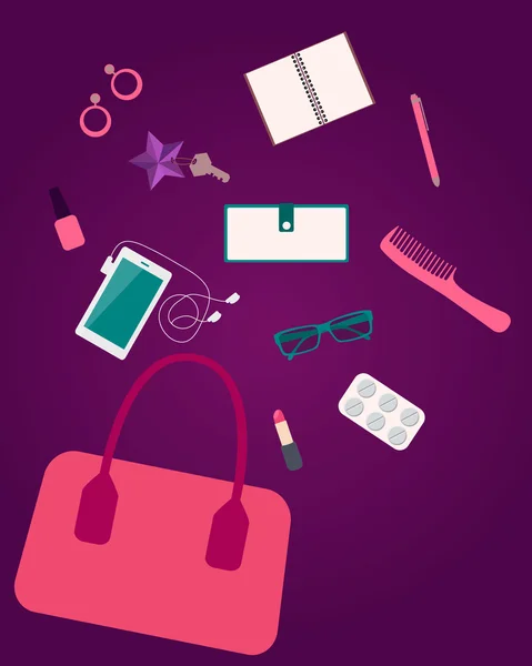 妇女配件和袋紫色背景上。矢量图 — 图库矢量图片