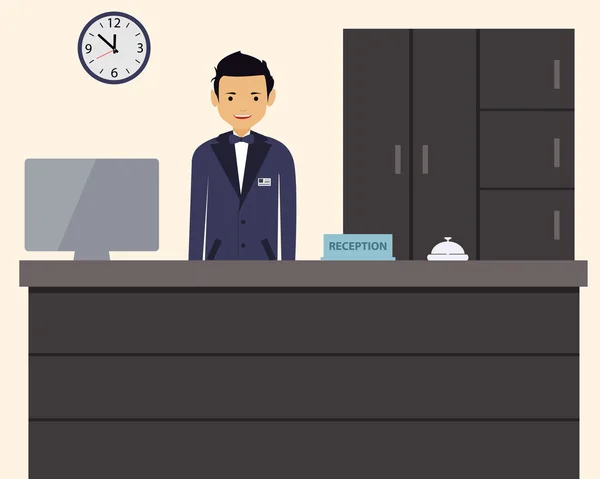 Gelukkig mannelijke receptioniste permanent in het hotel. Vectorillustratie — Stockvector