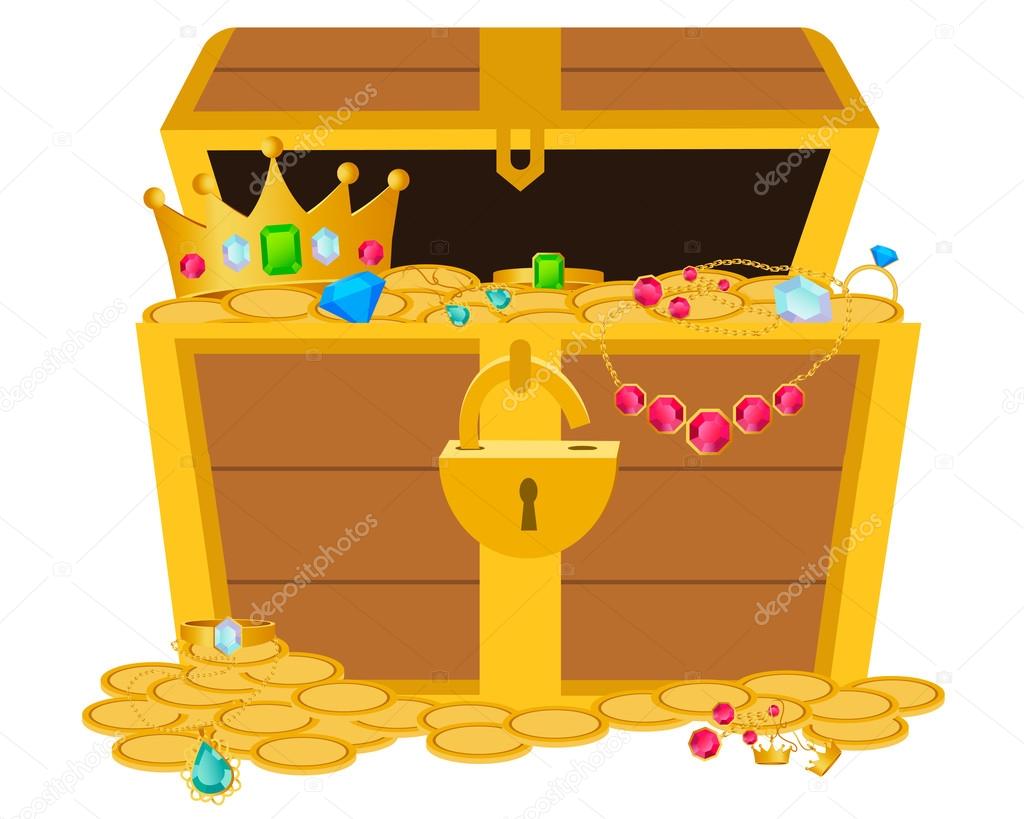 Opened wooden chest with treasures. Vector illustration