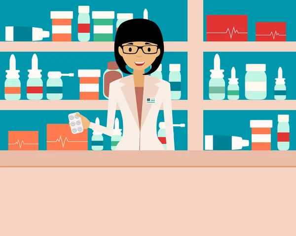 Lyckliga kvinnliga farmaceut stående i ett apotek. Vektor illustration — Stock vektor