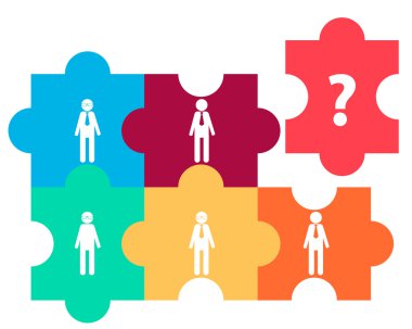 Takım kavramı. İş adamları ve soru bulmaca işaretleyin. Vektör çizim