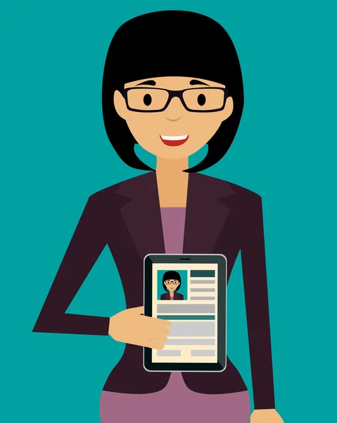 Joven mujer sonriente sosteniendo la tableta con su curriculum vitae. Ilustración vectorial — Vector de stock