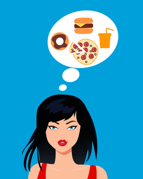 Dieta. La chica sueña con una comida sabrosa. Ilustración vectorial — Vector de stock