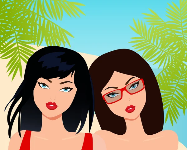 Best friends. Girl on a tropical sandy beach. Vector illustration — Stock Vector