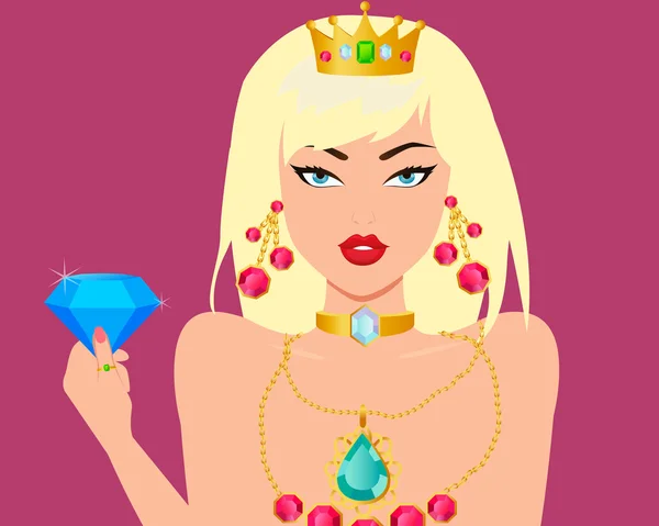 Chica rubia sosteniendo un diamante. Ilustración vectorial — Archivo Imágenes Vectoriales