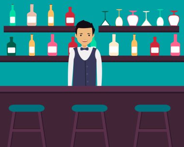 Genç barmen ayakta içinde bar-alkollü içecekler ile. Vektör çizim