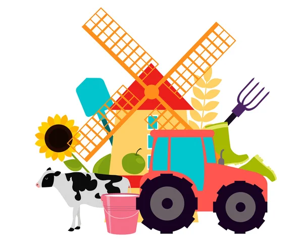 Contexto abstrato Agricultura. Moinho de trator e comida. Ilustração vetorial — Vetor de Stock