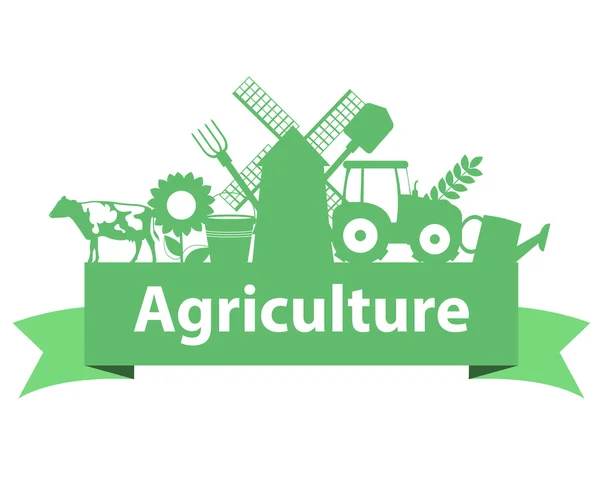 Agriculture on the ribbon. Tractor, mill and cow. Vector illustration — Stock Vector