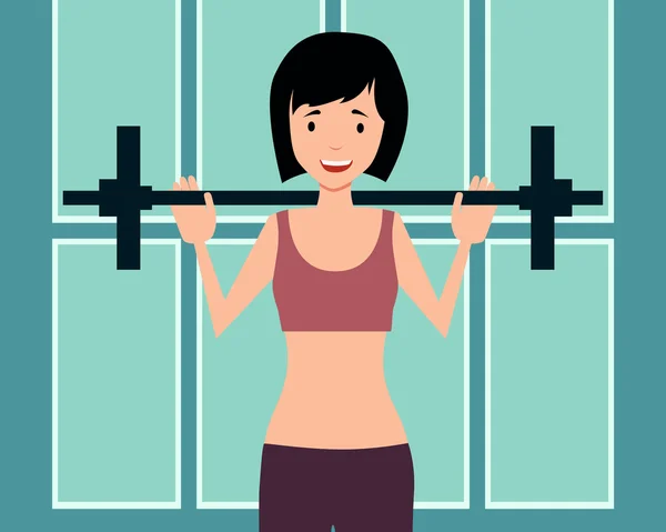 Chica feliz en el gimnasio sosteniendo una barra. Ilustración vectorial — Vector de stock