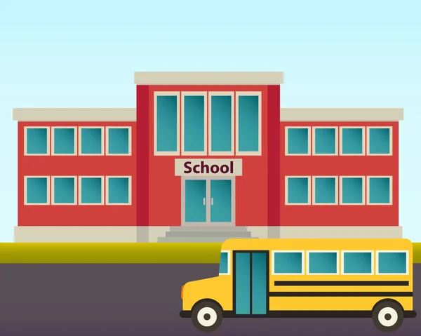 Yellow bus on the background of the school building. Vector illustration — Stock Vector