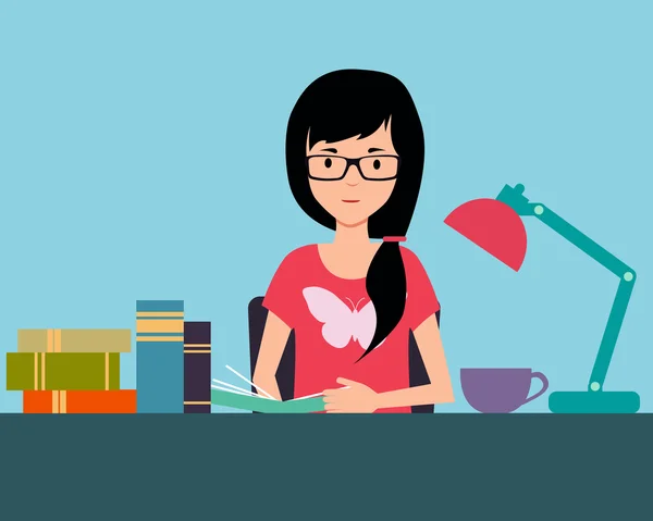 Una estudiante lee un libro en casa. Ilustración vectorial — Vector de stock