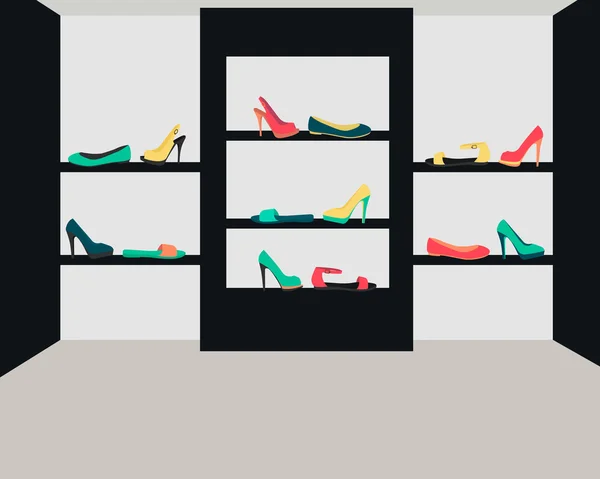 Interior da loja de sapatos de mulheres modernas. Ilustração vetorial — Vetor de Stock